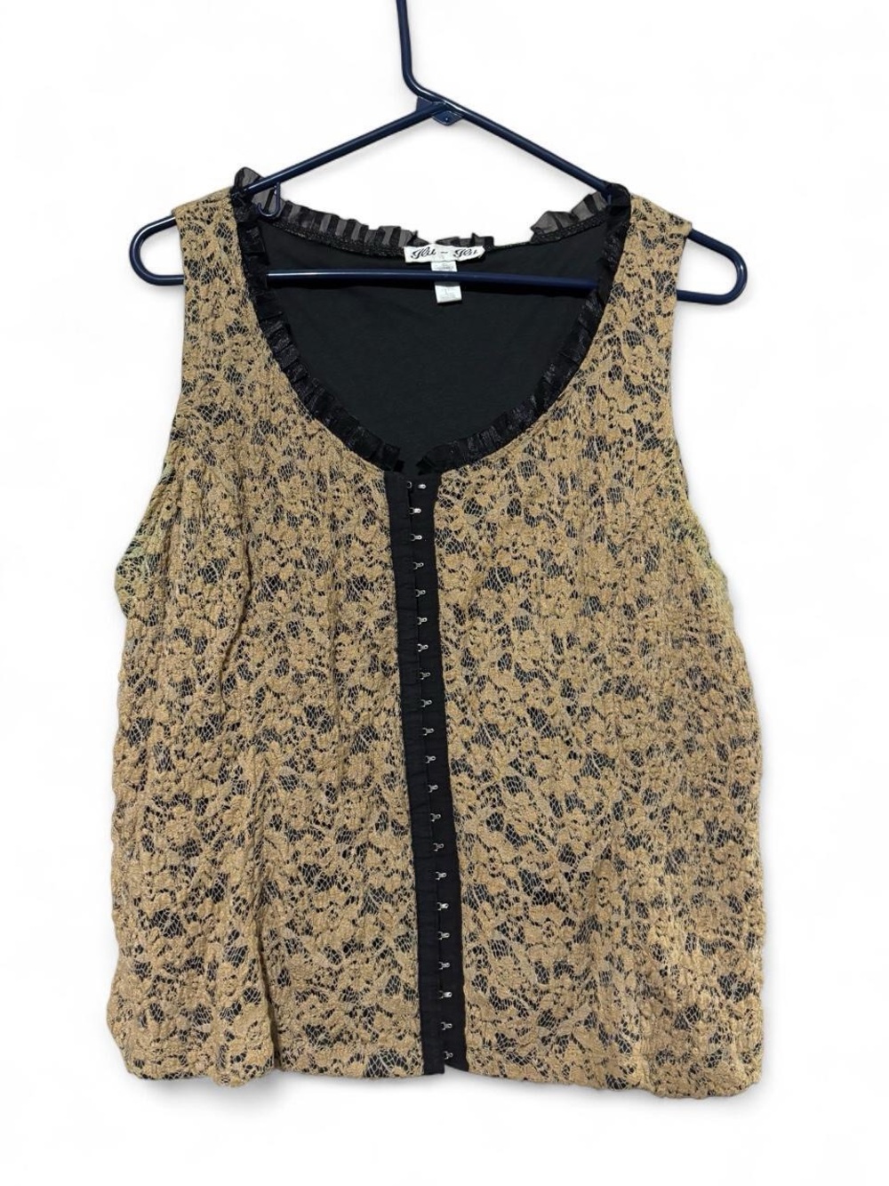 y2k era Beige Lace Overlay Tank Top with Black Trim -